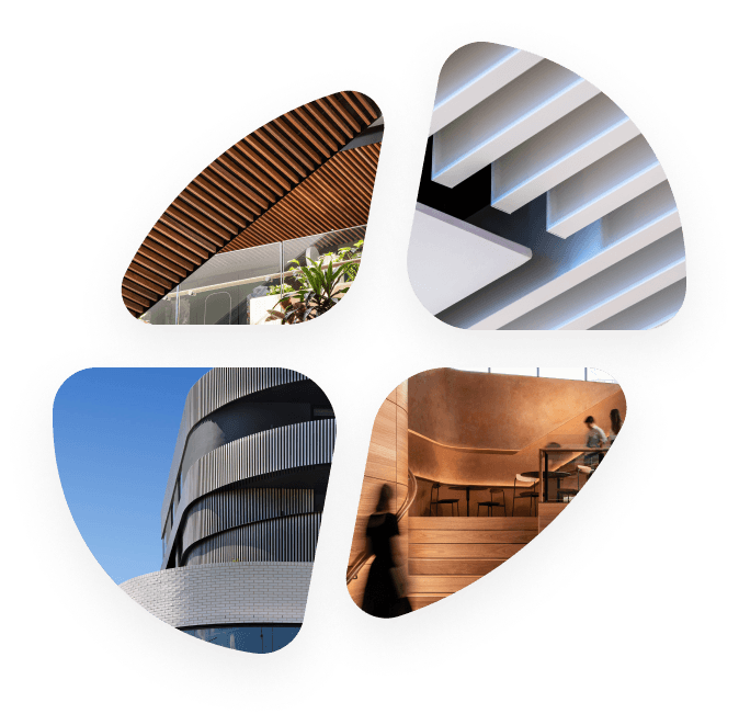 A collage of four modern architecture photos arranged in a rounded, four-part shape: wooden slatted ceiling, white geometric ceiling, curved glass facade, and warm wood interior staircase with blurred people.