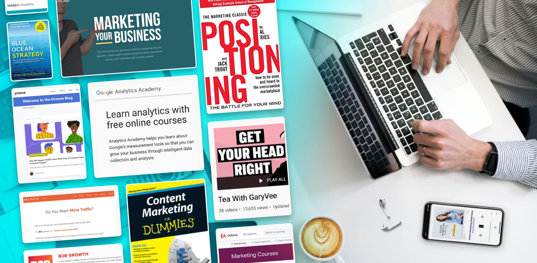 The image features a person typing on a laptop, with a smartphone nearby displaying an image of marketing courses. Surrounding the laptop are various marketing-related book covers and online course advertisements, including titles like "Blue Ocean Strategy," "Marketing Your Business," "Positioning," "Content Marketing for Dummies," and "Tea With GaryVee." A section of the image highlights a course titled "Learn analytics with free online courses" from Google Analytics Academy.