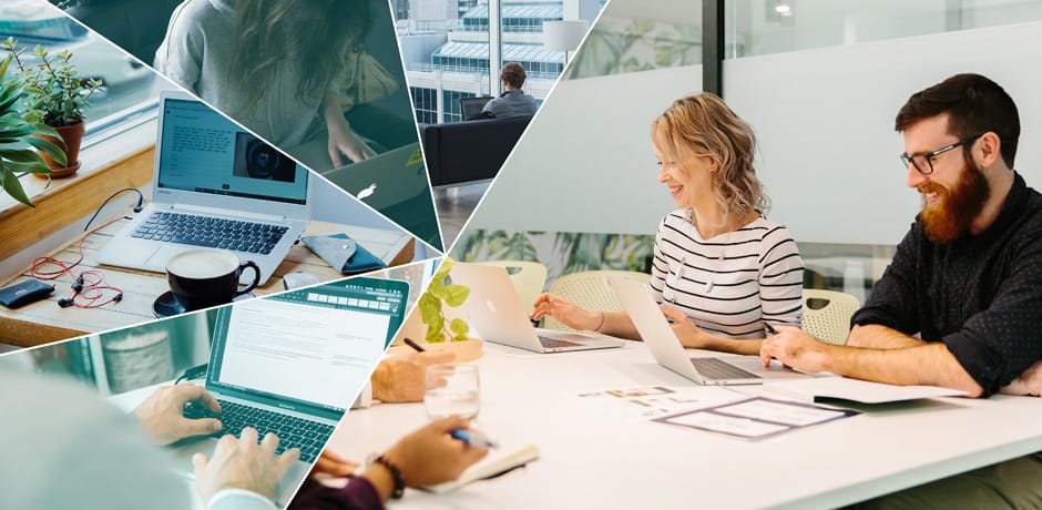 The image is a collage divided into sections. On one side, there are people working individually on laptops in various settings: by a window with plants, on a table with a coffee cup, and in a lounge area. On the other side, two people are sitting at a table in an office setting, smiling and collaborating over their laptops. The collage illustrates diverse work environments, both individual and collaborative.