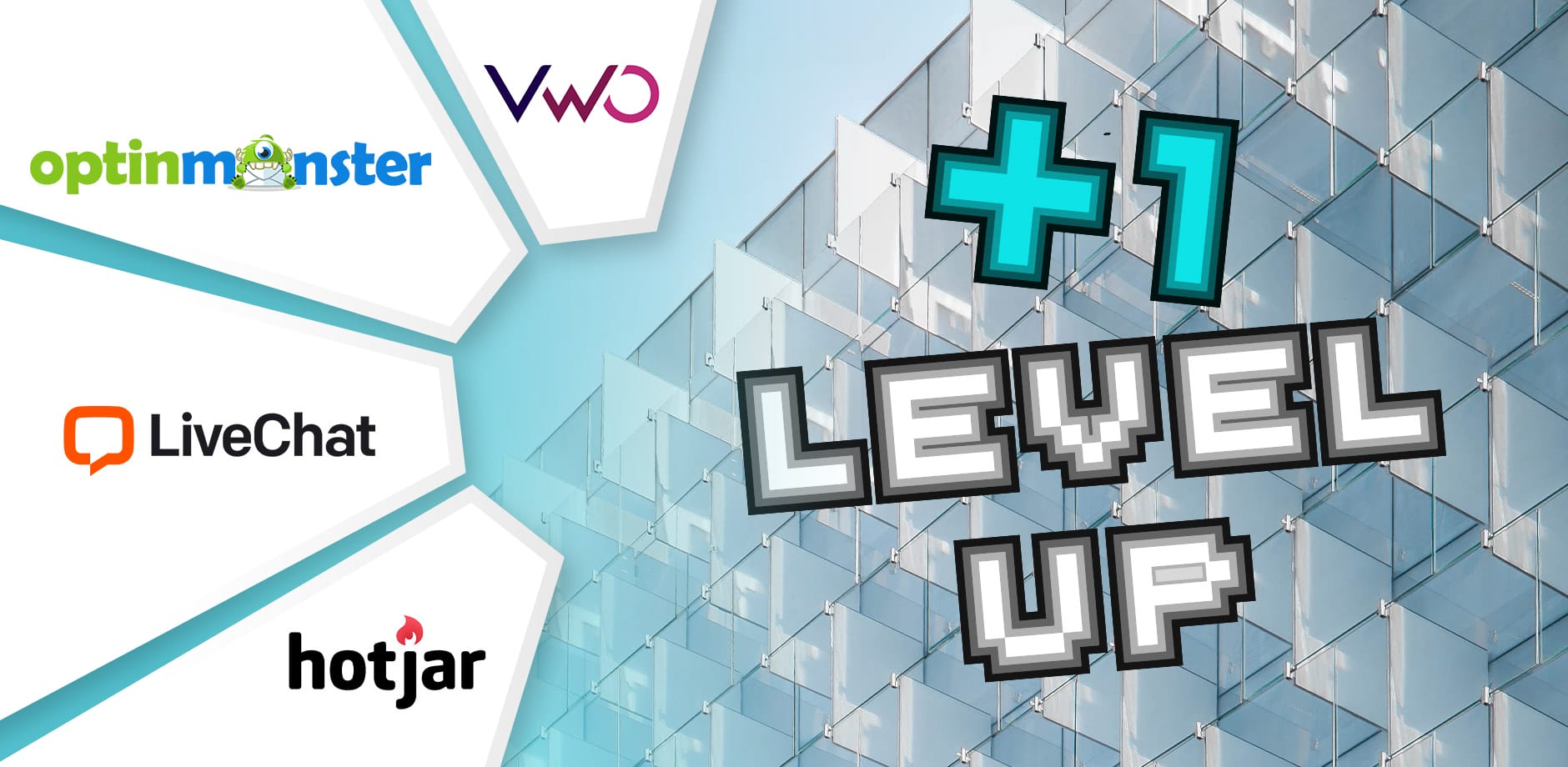 A geometric building facade is on the right, with text overlay on the left. The text includes "+1 Level Up" in pixelated font. Logos for OptinMonster, VWO, LiveChat, and Hotjar are displayed in separate sections on a light background.