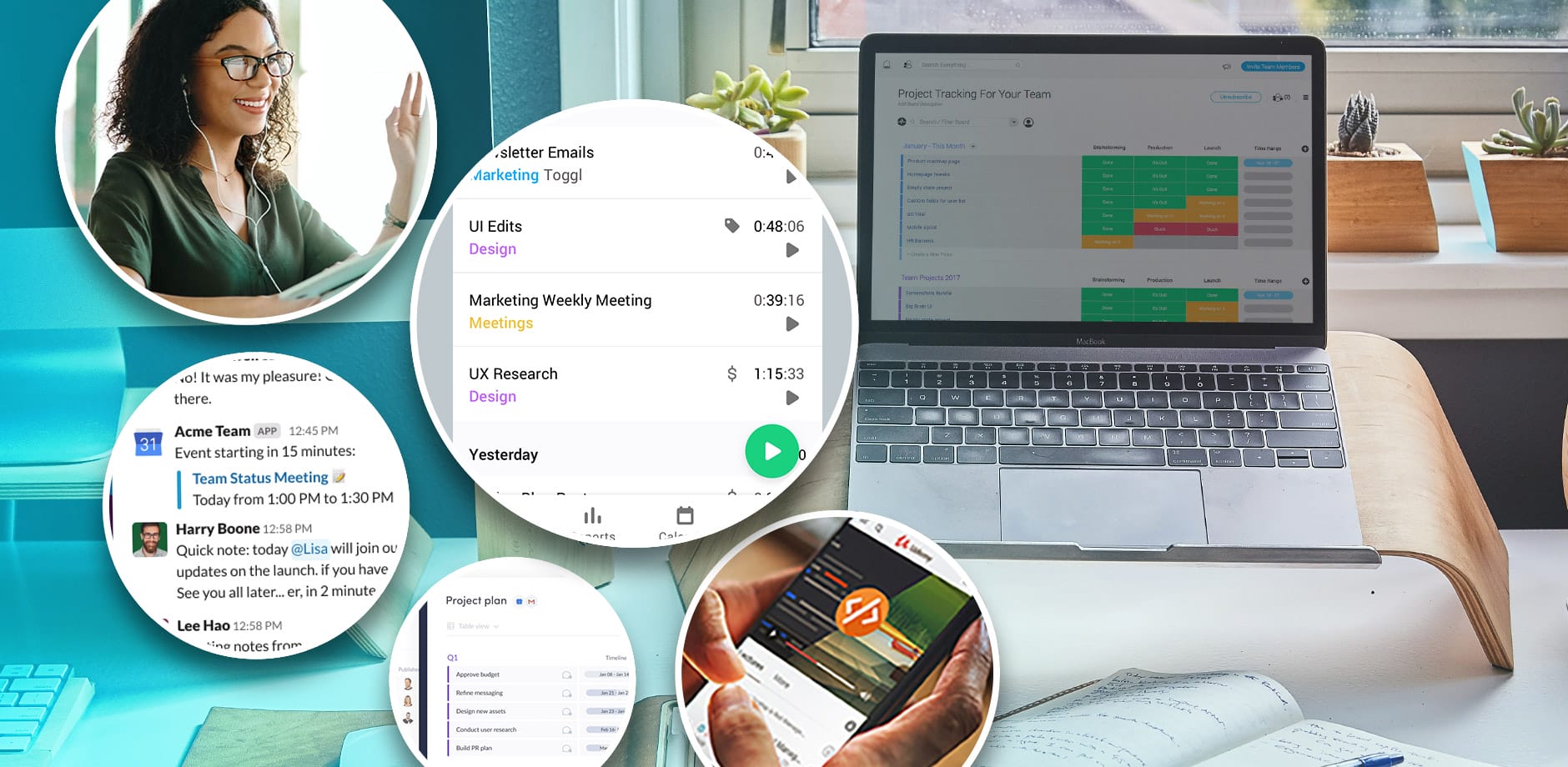 The image features a laptop on a desk displaying a project tracking tool with a colorful dashboard. Surrounding the laptop are circular insets showing a woman in a video call, a phone screen with a calendar and meeting times, a chat conversation, and a person using a smartphone app. These elements convey a busy, multitasking work environment focused on project management and communication.