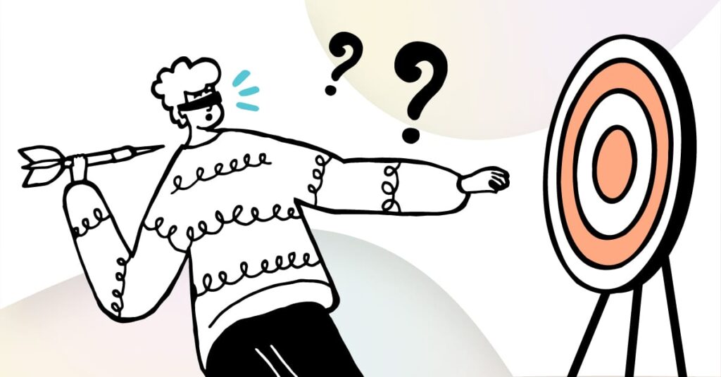 A person with a blindfold is attempting to throw a dart at a target. The person appears confused, with question marks above their head. The target is depicted with concentric circles. The background is a soft gradient of pastel colors.