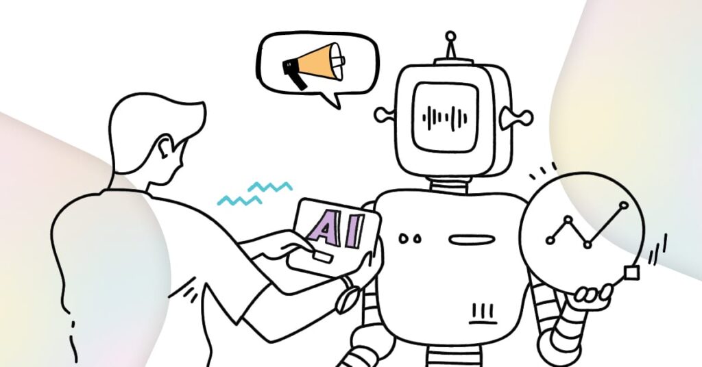 The image depicts a person holding a tablet labeled "AI" and interacting with a robot, which is holding a graph. A speech bubble above the robot shows a megaphone, indicating communication.