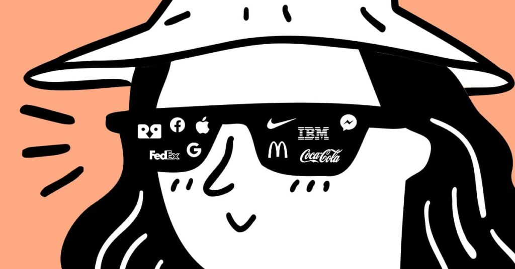 black and white illustration of brand logos as reflected on eyeglasses