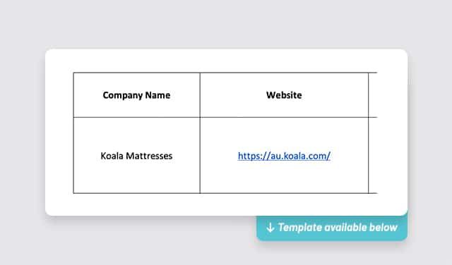 Shows the company name in a spreadsheet and its website URL for identifying your competitors' sites.