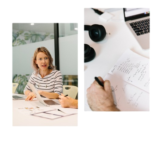 A two-panel image showing a business meeting scene. The left panel shows a person in a striped sweater sitting at a desk with documents and a laptop. The right panel shows a close-up of someone's hand writing notes, with a laptop and headphones visible in the background on a white desk surface.