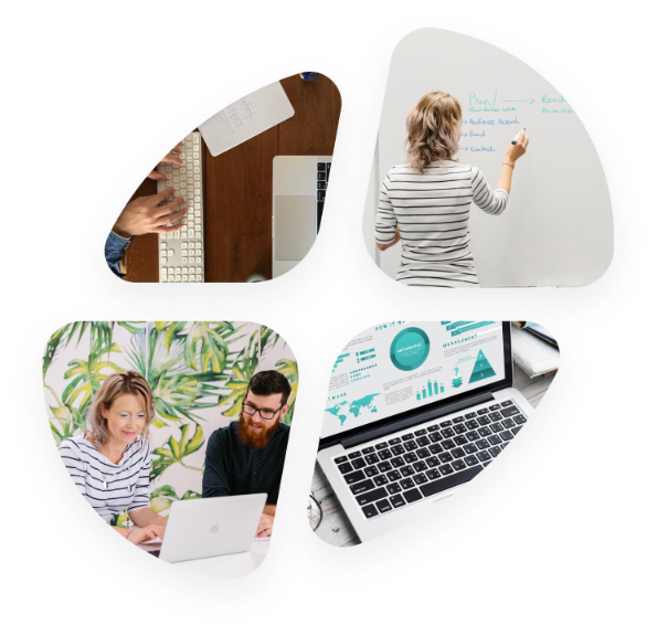 A collage of four images triangular shapes: top left shows hands typing on a laptop keyboard, top right shows a person in a striped shirt writing on a whiteboard, bottom left shows two people collaborating over a laptop against a tropical leaf wallpaper, and bottom right displays a laptop screen with business analytics and graphs.