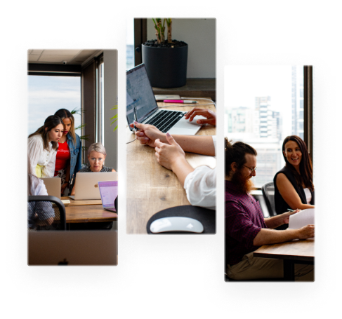 A triptych-style image showing three business scenes: people collaborating over a laptop in an office setting on the left panel, hands typing on a laptop in the center panel, and colleagues reviewing documents together in the right panel.