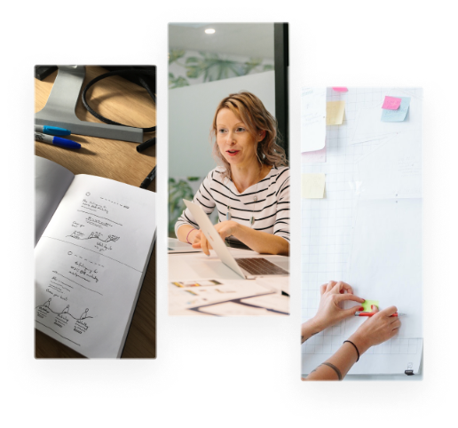 A triptych collage showing: handwritten notes with sketches on paper, a person in a striped shirt working at a desk with documents, and hands placing sticky notes on a white board.