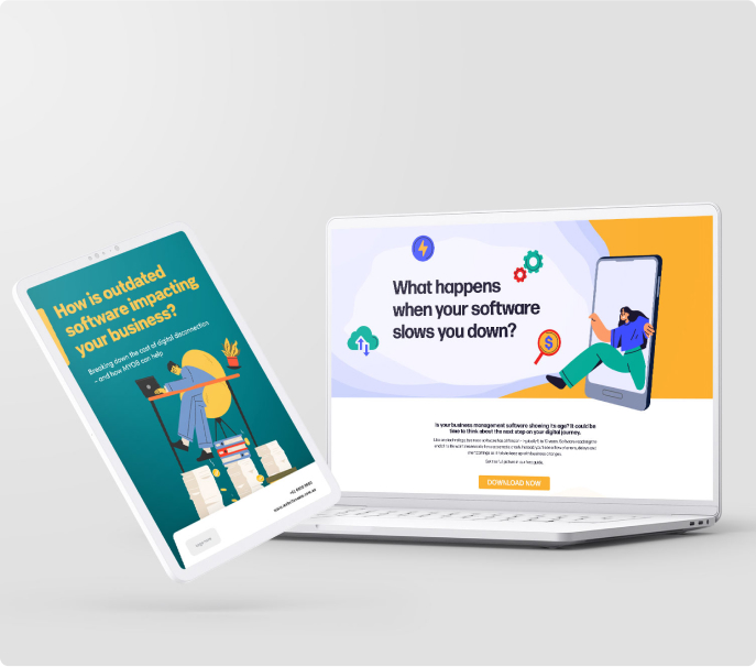 A tablet and a laptop display graphics about outdated software. The tablet shows a stressed person at a cluttered desk, while the laptop displays a person leaning on a large smartphone with the question “What happens when your software slows you down?”.