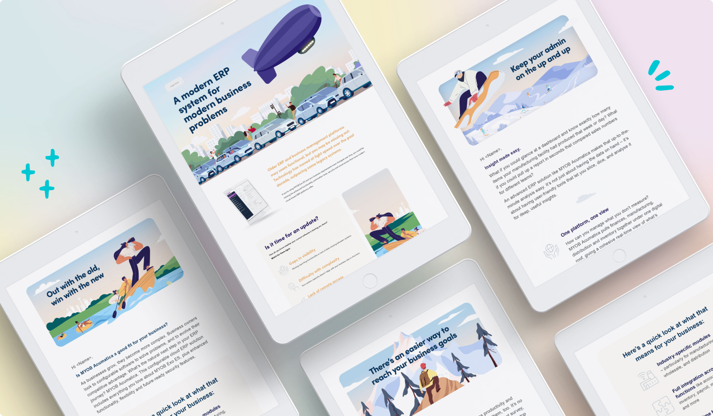 Five tablets lay flat, displaying illustrated web pages featuring business-themed graphics, text, and headings about ERP systems. The illustrations show people working, collaborating, and solving problems, with pastel and blue tones throughout.