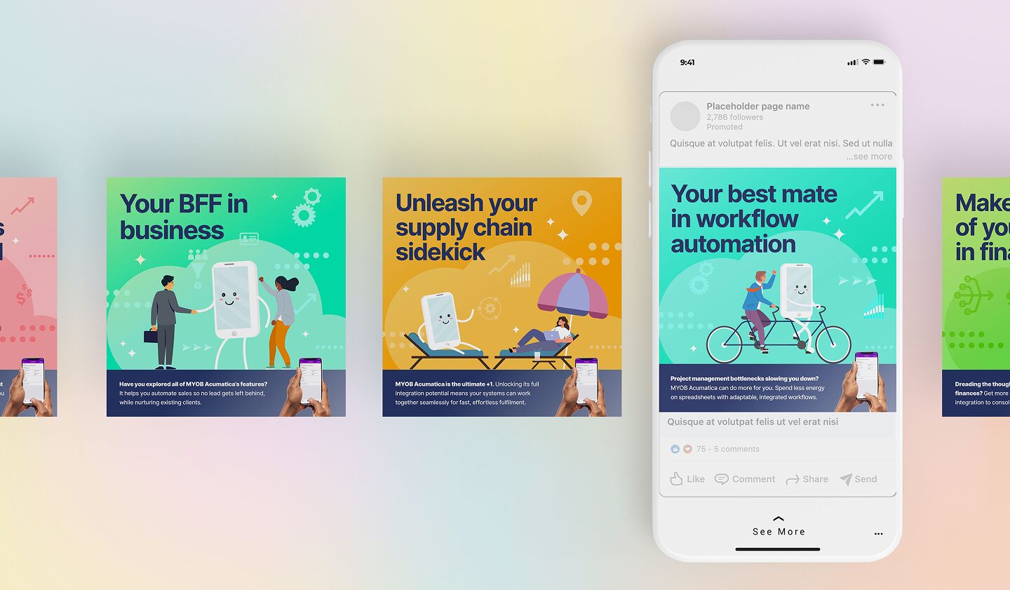A series of colorful promotional graphics feature a cheerful smartphone character with headlines like "Your BFF in business" and "Unleash your supply chain sidekick." A mobile mockup displays a related social media post.