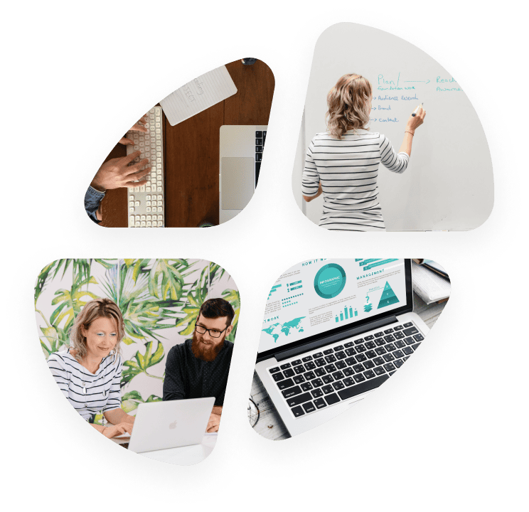 A collage of four images: a person writing on a whiteboard, a laptop with charts on the screen, two people collaborating on a marketing strategy at a desk, and a hand typing on a laptop keyboard.
