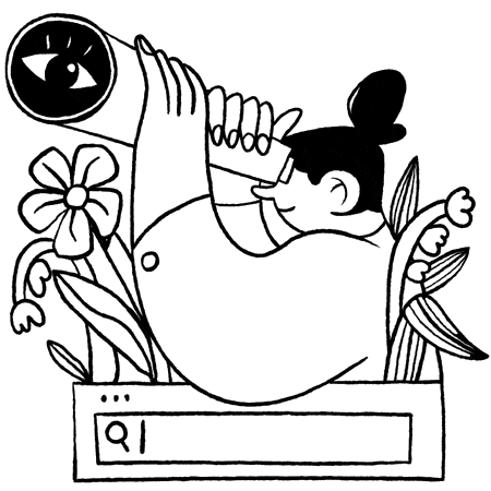 A person looks through a telescope surrounded by flowers and plants, with a search bar interface below them. The telescope reveals an eye icon observing fish, symbolizing the focused insights of a b2b marketing agency.