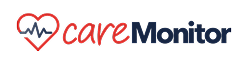 Logo for "careMonitor," ideal for b2b brands, with a red heart outline containing a blue heartbeat line to the left of the text. "care" is in red, while "Monitor" appears in dark blue.