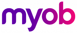 The MYOB logo, popular among b2b brands, features the word "myob" in lowercase with a gradient color scheme shifting from purple on the left to pink on the right, set against a transparent background.