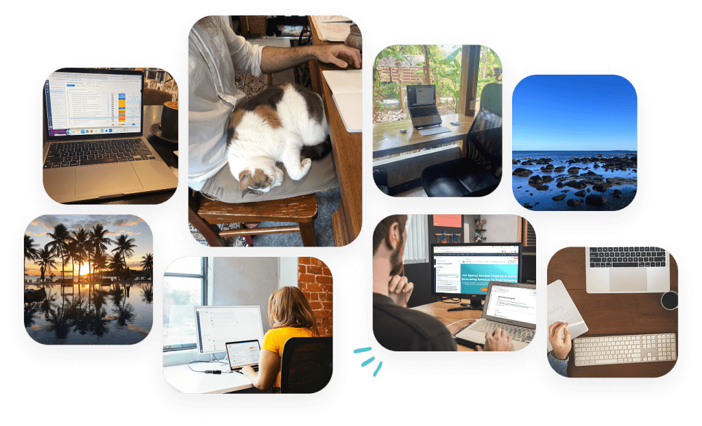 A collage showing people working on laptops in various settings, a cat lying on a desk, tropical and rocky beach scenes, and close-ups of hands using computers and paper—capturing the flexible lifestyle of remote marketing jobs.