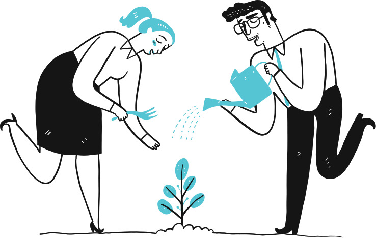 Illustration of a woman using a small gardening fork and a man watering a young plant together. Both are leaning forward, much like successful b2b brands working as a team to nurture growth and achieve shared goals.