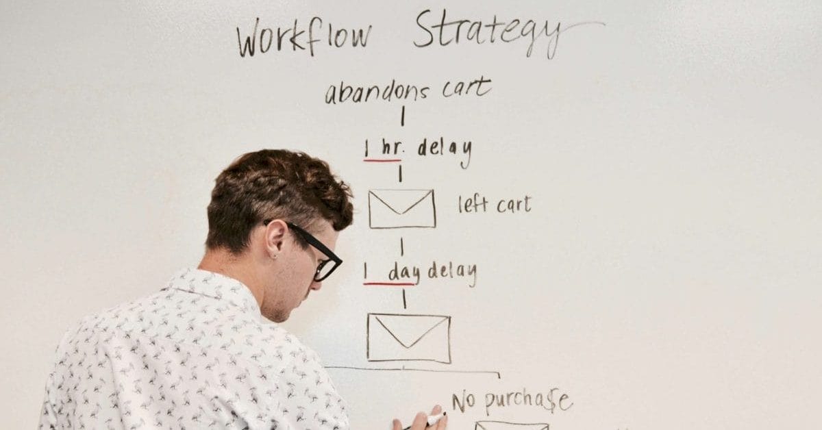Man writing on whiteboard with email workflow strategy for abandoned cart.