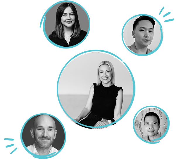 Five people in circular frames, with a b2b marketing agency leader featured at the center.